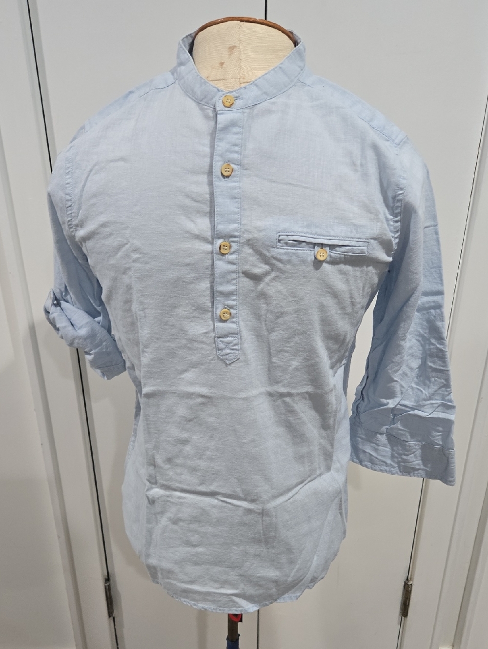Zara Light Blue Band Collar Button-Down Shirt